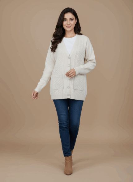 Beige women's V-neck cable knit sweater with button front and two front pockets.