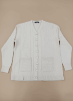 Beige women's V-neck cable knit sweater with button front and two front pockets.