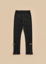 Stylish Black Ribbed Baby Leggings with Bow Details - Image 2