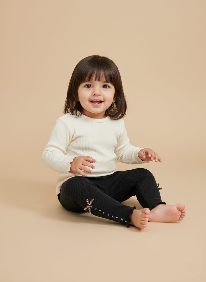 Stylish Black Ribbed Baby Leggings with Bow Details A smiling toddler wearing a white long-sleeve top and black ribbed baby leggings with bow details on the ankles.