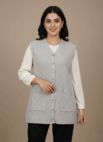 Light gray women's sweater vest with diamond knit pattern, clear decorative buttons down the front, and two front pockets, laid flat on a beige background.