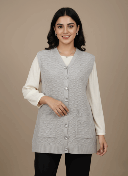 Light gray women's sweater vest with diamond knit pattern, clear decorative buttons down the front, and two front pockets, laid flat on a beige background.