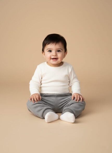 A smiling baby wearing a white long-sleeve top and grey ribbed baby pants with a subtle bear embroidery.