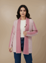 A light pink open-front cardigan sweater featuring darker pink ribbed trim along the collar, placket, and shoulders, with two front patch pockets, laid flat on a light background.