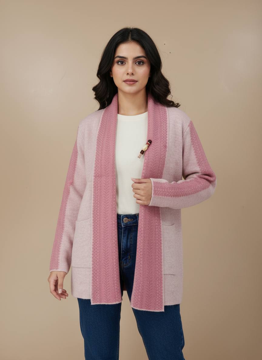 Women's Cozy Pink Open-Front Cardigan Sweater with Ribbed Trim A light pink open-front cardigan sweater featuring darker pink ribbed trim along the collar, placket, and shoulders, with two front patch pockets, laid flat on a light background.