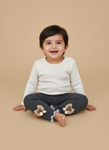 A smiling baby wearing a white long-sleeve top and dark grey ribbed baby leggings with bow and pom-pom details on the ankles.