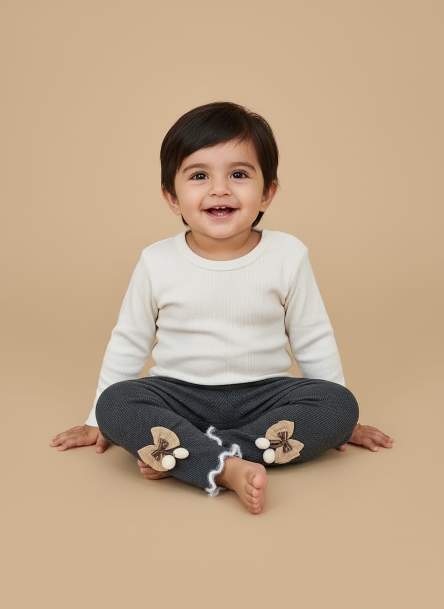 Adorable Grey Ribbed Baby Leggings with Bow A smiling baby wearing a white long-sleeve top and dark grey ribbed baby leggings with bow and pom-pom details on the ankles.