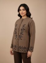 Women's embroidered sweater, taupe knit cardigan with dark floral and paisley embroidery, button-down front, round neck, two pockets.