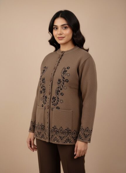 Women's embroidered sweater, taupe knit cardigan with dark floral and paisley embroidery, button-down front, round neck, two pockets.