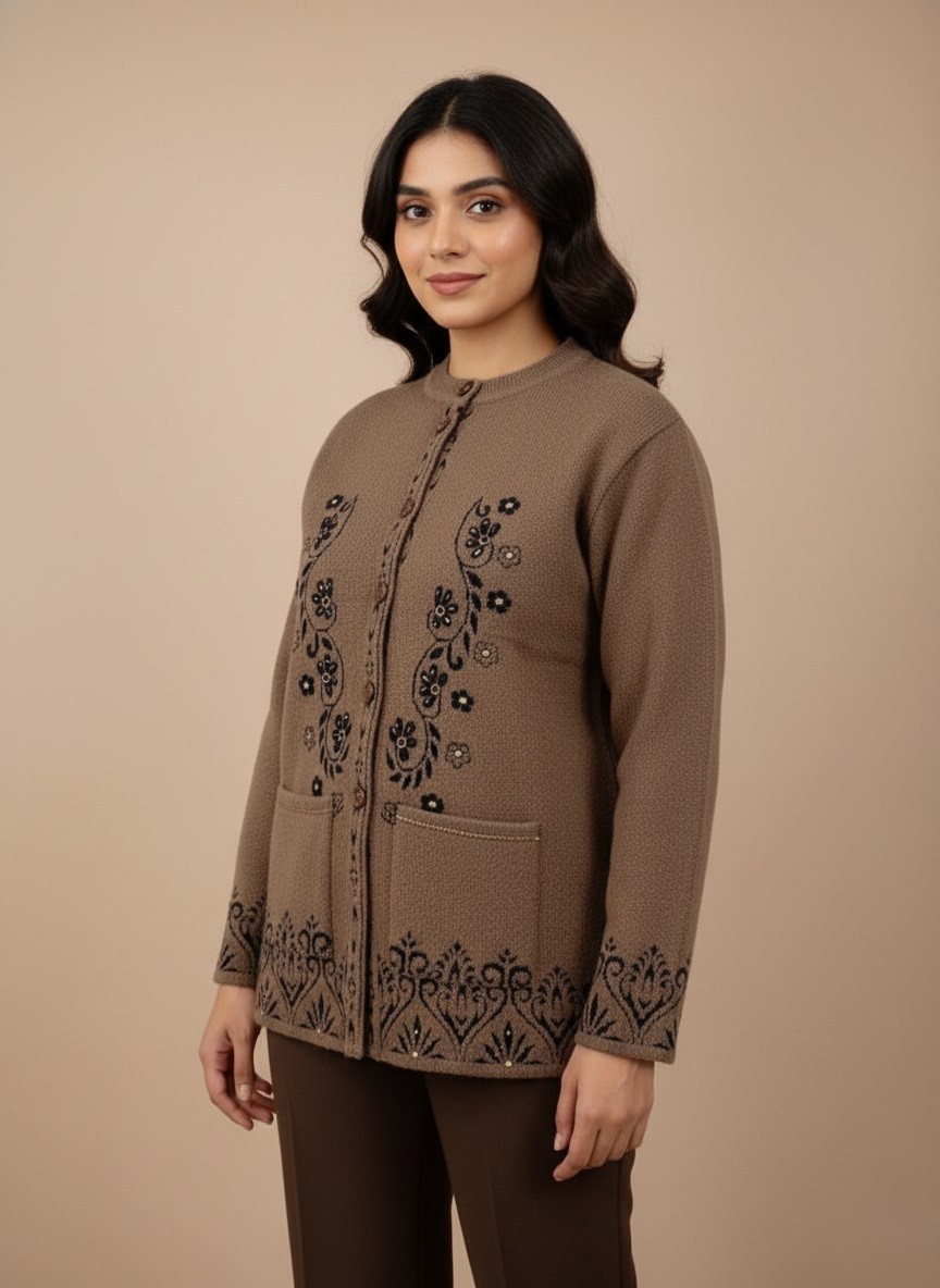 Women's Elegant Embroidered Sweater - Classic Cardigan Style Women's embroidered sweater, taupe knit cardigan with dark floral and paisley embroidery, button-down front, round neck, two pockets.