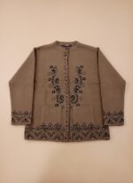 Women's embroidered sweater, taupe knit cardigan with dark floral and paisley embroidery, button-down front, round neck, two pockets.