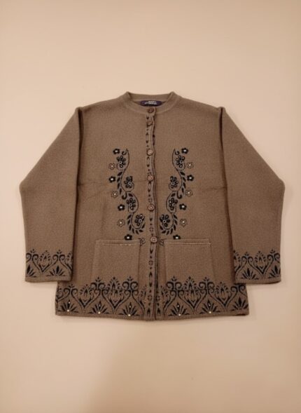 Women's embroidered sweater, taupe knit cardigan with dark floral and paisley embroidery, button-down front, round neck, two pockets.