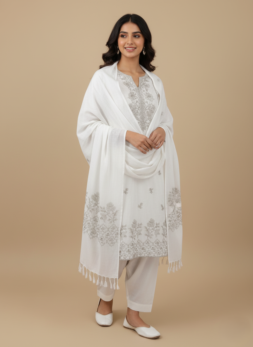 Exquisite Embroidered White Shawl embroidered white Wool shawl with detailed floral and geometric embroidery.