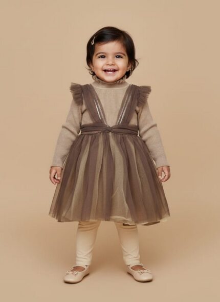 Elegant brown girls party dress with tulle skirt and knitted sweater top.