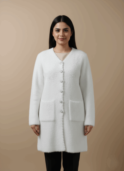 Women's elegant white fuzzy cardigan sweater with pearl buttons, V-neck, long sleeves, and two front pockets, displayed on a beige surface.