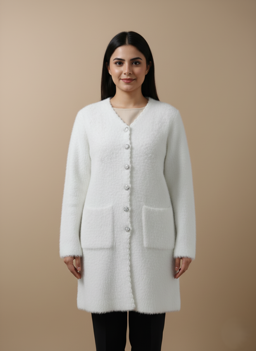 Women's Elegant White Fuzzy Cardigan Sweater with Pearl Buttons and Pockets Women's elegant white fuzzy cardigan sweater with pearl buttons, V-neck, long sleeves, and two front pockets, displayed on a beige surface.