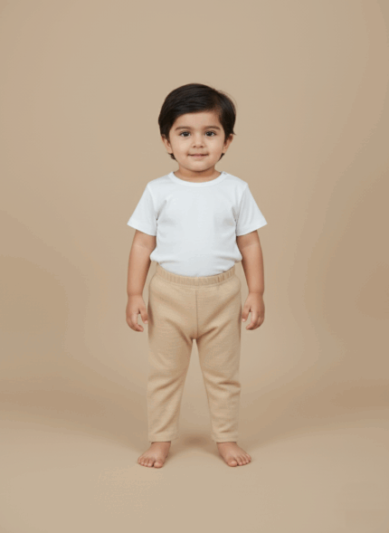 A smiling toddler wearing a white short-sleeve top and beige baby pants, standing on a light brown background.