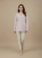 Light pink ribbed knit women's cardigan sweater with V-neck, button front, and two patch pockets.