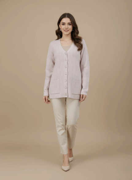 Light pink ribbed knit women's cardigan sweater with V-neck, button front, and two patch pockets.