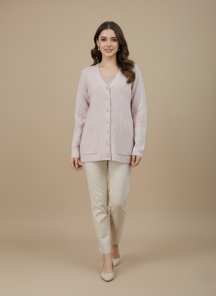 Women's Ribbed Knit V-Neck Button-Front Cardigan Sweater with Pockets Light pink ribbed knit women's cardigan sweater with V-neck, button front, and two patch pockets.
