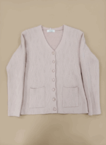Light pink ribbed knit women's cardigan sweater with V-neck, button front, and two patch pockets.