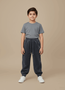 A child wearing a grey t-shirt and grey kids corduroy joggers with white sneakers, standing and smiling.