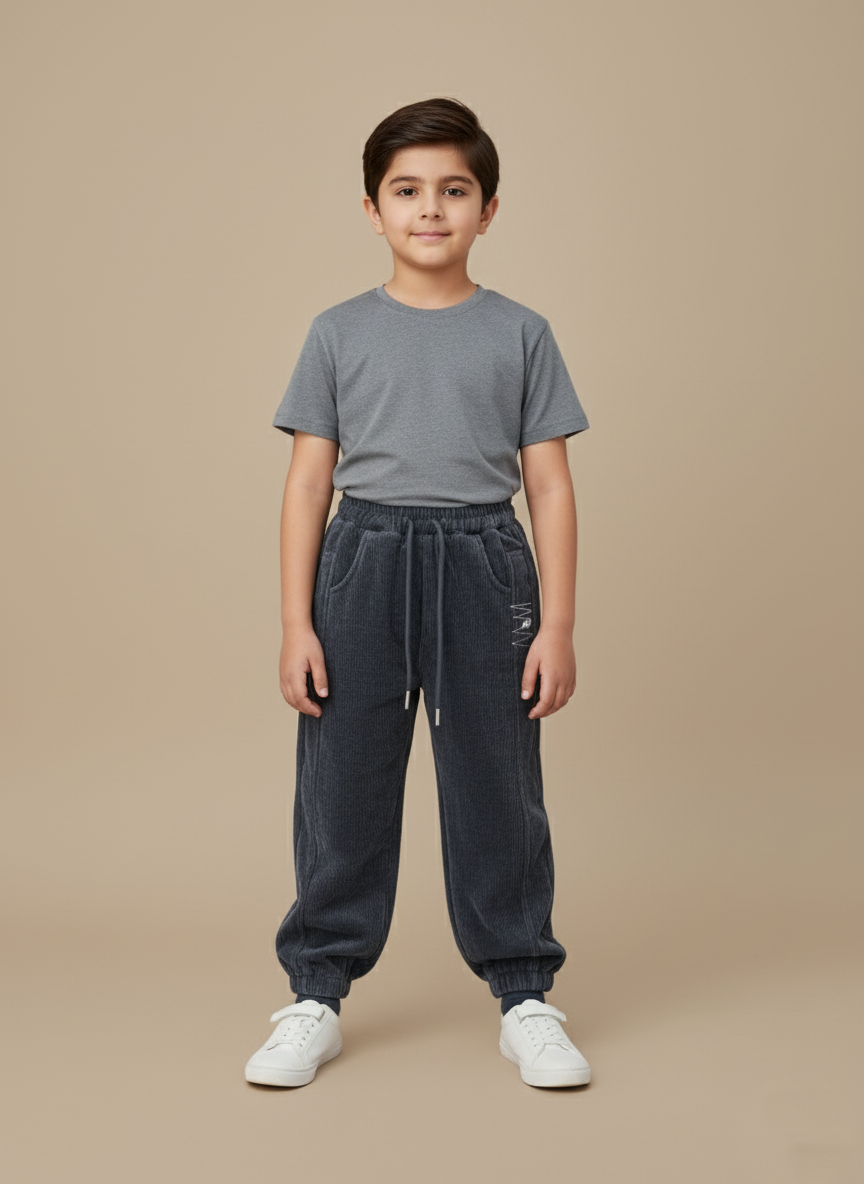 Stylish Grey Kids Corduroy Joggers A child wearing a grey t-shirt and grey kids corduroy joggers with white sneakers, standing and smiling.