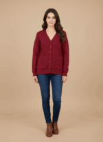 Women's red button-front sweater with v-neck and pockets