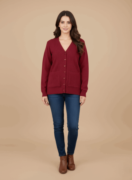 Women's red button-front sweater with v-neck and pockets