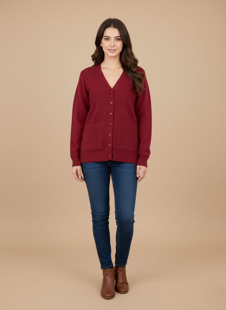 Women's Red Button-Front Sweater with Pockets Women's red button-front sweater with v-neck and pockets