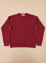 Women's red button-front sweater with v-neck and pockets