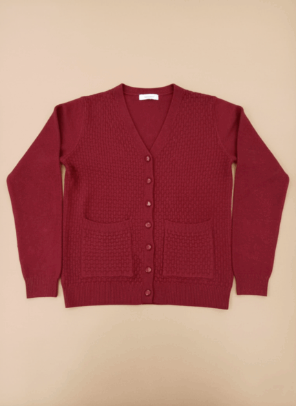 Women's red button-front sweater with v-neck and pockets