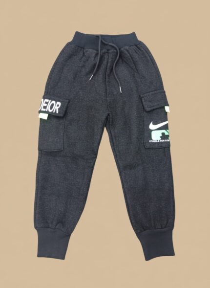 Dark grey boys cargo jogger pants with side pockets and drawstring waistband.