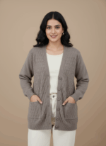 Women's beige textured knit V-neck long-sleeve cardigan sweater with button front and pockets.