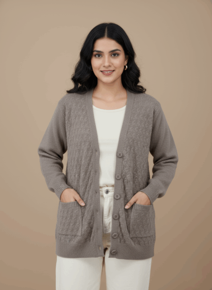 Women's beige textured knit V-neck long-sleeve cardigan sweater with button front and pockets.