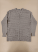 Women's beige textured knit V-neck long-sleeve cardigan sweater with button front and pockets.