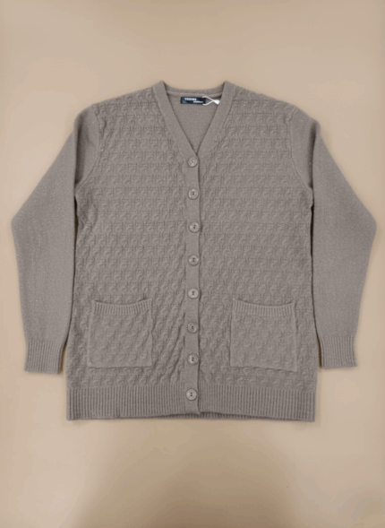 Women's beige textured knit V-neck long-sleeve cardigan sweater with button front and pockets.