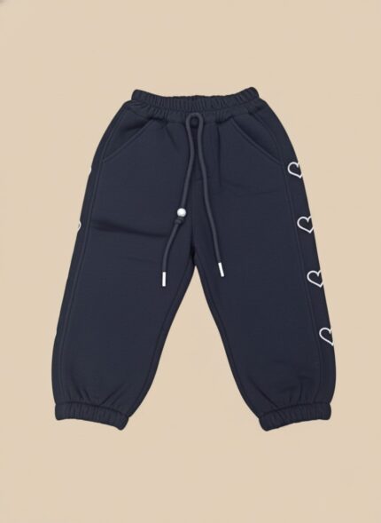 Navy girls heart jogger pants with heart embroidery and elastic waistband.