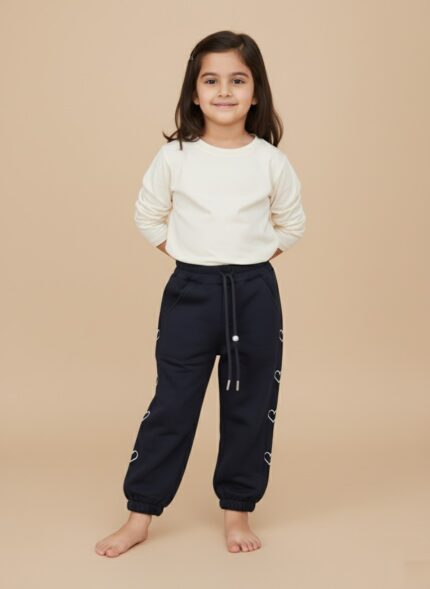 Little girl wearing navy heart jogger pants paired with a cream top.