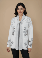 Women's elegant ivory floral knit cardigan sweater with grey embroidered flowers and an open front, displayed on a neutral background.