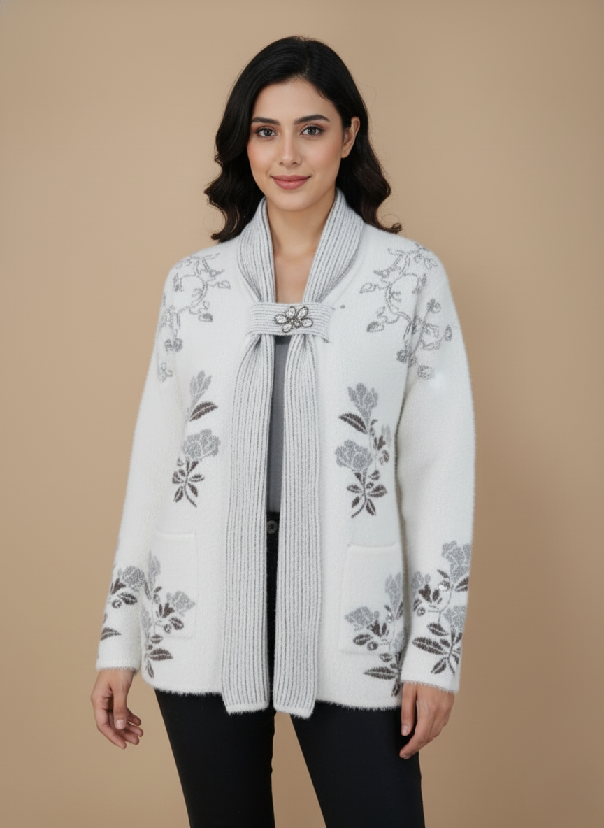 Women's Elegant Floral Knit Cardigan Sweater Women's elegant ivory floral knit cardigan sweater with grey embroidered flowers and an open front, displayed on a neutral background.