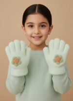 A close-up of a single mint green plush kids mitten with a green and orange flower appliqué.