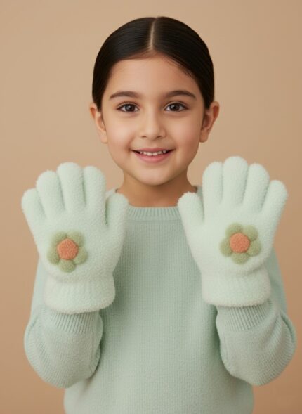 A close-up of a single mint green plush kids mitten with a green and orange flower appliqué.