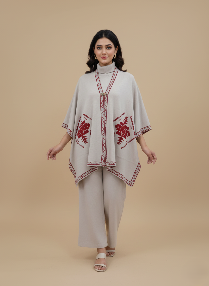 Women's Embroidered Poncho Sweater Light grey women's embroidered poncho sweater with burgundy geometric design and border on a light brown background.