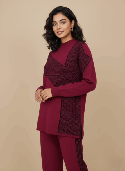 Women's burgundy geometric knit sweater and matching skirt set, flat lay.
