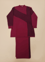 Women's burgundy geometric knit sweater and matching skirt set, flat lay.