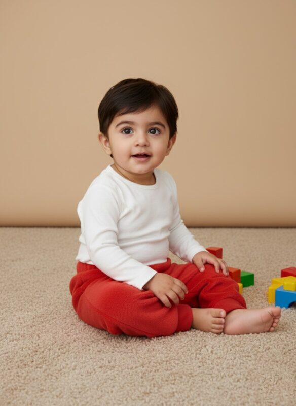 A single pair of bright red toddler fleece pants with an elastic waistband and ribbed cuffs, laid flat on a neutral background.
