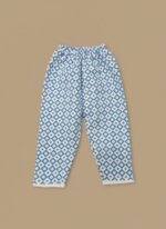 A single pair of blue and white geometric patterned kids pajama pants with an elastic waistband, laid flat on a neutral background.