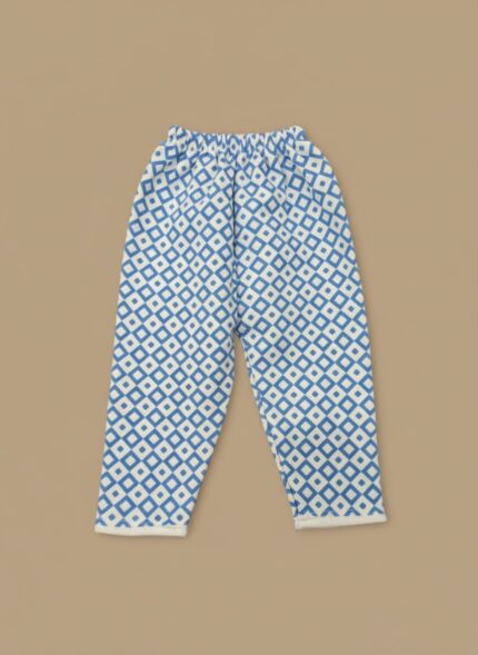 A single pair of blue and white geometric patterned kids pajama pants with an elastic waistband, laid flat on a neutral background.