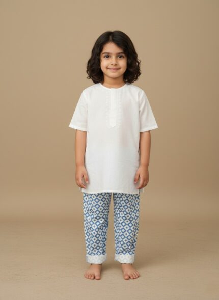 A single pair of blue and white geometric patterned kids pajama pants with an elastic waistband, laid flat on a neutral background.